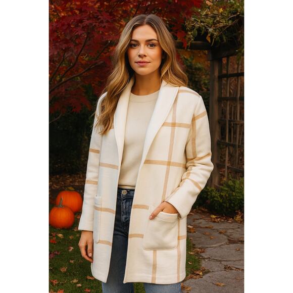 MARINE LAYER XS Liverpool Shawl Collar Coatigan in Cream Camel Windowpane - Picture 1 of 7